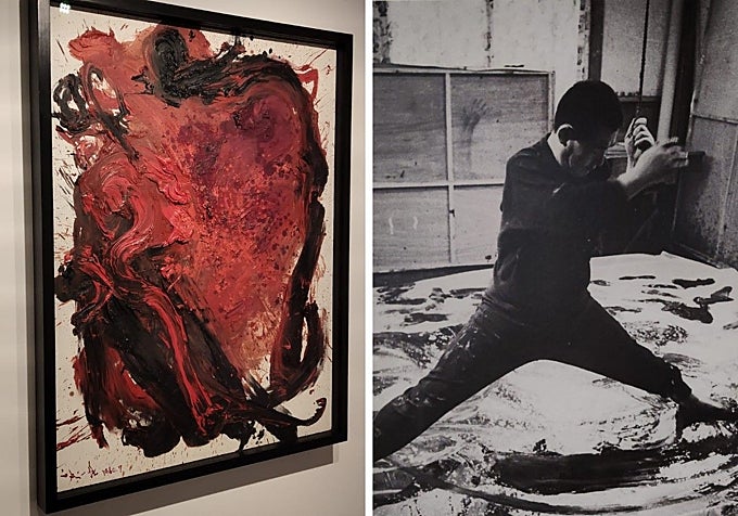 The work 'Planet Nature' and its author, Kazuo Shiraga (right), who painted with his feet in the form of a dance.